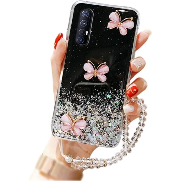 Fashion Shiny Exquisite Butterfly TPU Phone case for Samsung Galaxy S22 S21 S20 Ultra Plus FE Protective Cover Popular Thin Light Clear Glittering Sequins Bumper(Black,S21 FE)