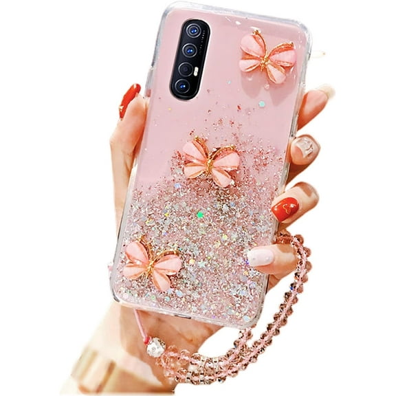 Fashion Shiny Exquisite Butterfly TPU Phone case for Samsung Galaxy S22 S21 S20 Ultra Plus FE Protective Cover Popular Thin Light Clear Glittering Sequins Bumper(Pink,S22)