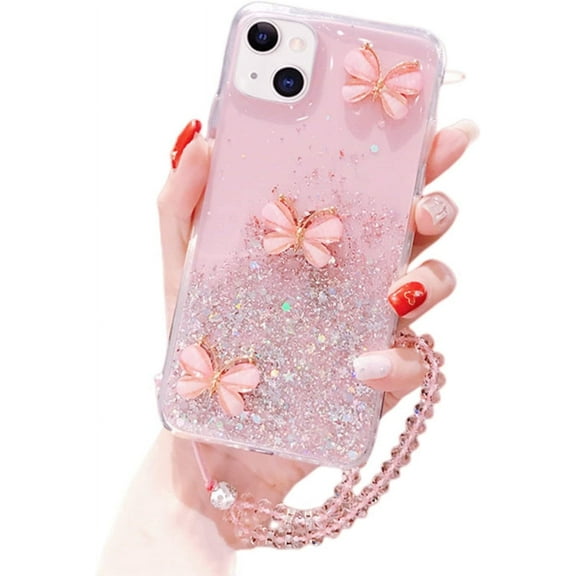 Fashion Shiny Exquisite Butterfly TPU Phone case for iPhone 14 13 12 11 8 7 6 S X XS XR Plus Pro Max Mini Protective Cover Thin Light Clear Glittering Sequins Bumper(Pink,11)