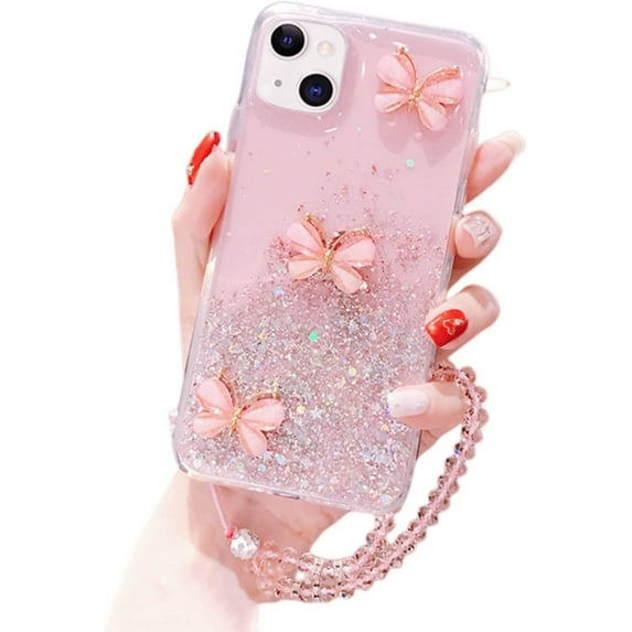 Fashion Shiny Exquisite Butterfly TPU Phone case for iPhone 14 13 12 11 8 7 6 S X XS XR Plus Pro Max Mini Protective Cover Thin Light Clear Glittering Sequins Bumper(Pink,12 Pro max)