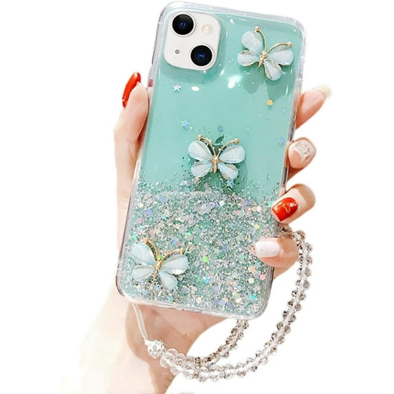 Fashion Shiny Exquisite Butterfly TPU Phone case for iPhone 14 13 12 11 8 7 6 S X XS XR Plus Pro Max Mini Protective Cover Thin Light Clear Glittering Sequins Bumper(Green,13)