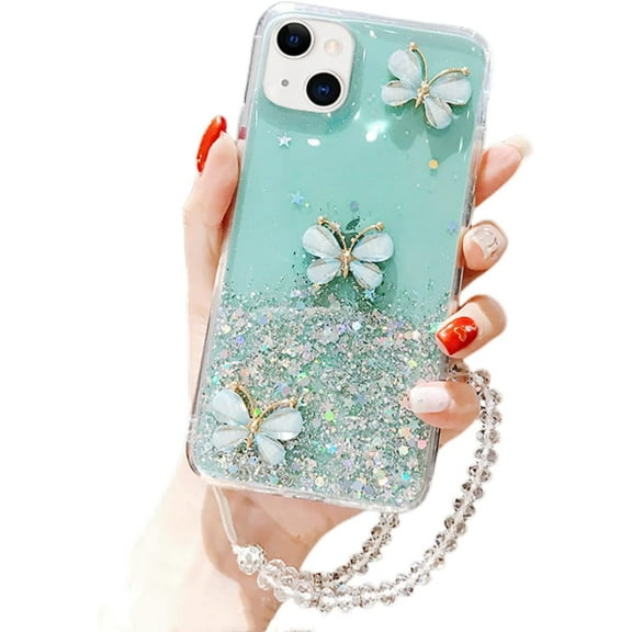 Fashion Shiny Exquisite Butterfly TPU Phone case for iPhone 14 13 12 11 8 7 6 S X XS XR Plus Pro Max Mini Protective Cover Thin Light Clear Glittering Sequins Bumper(Green,13)
