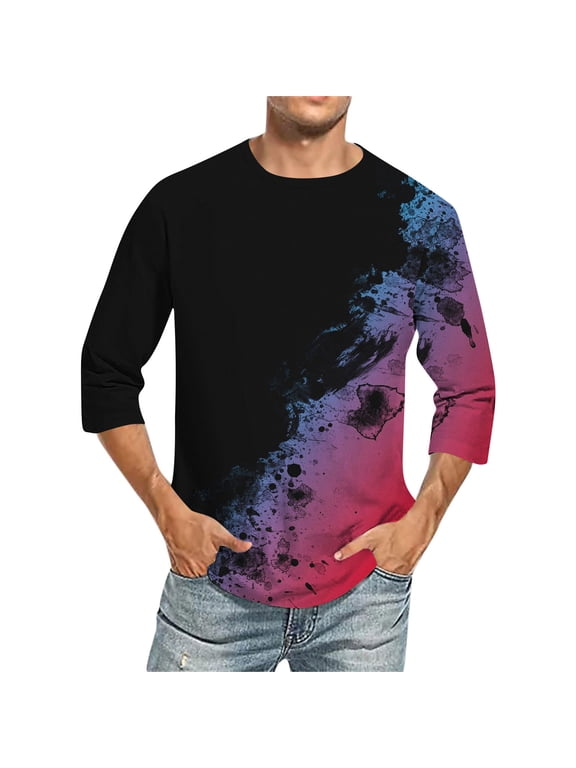 Fashion Shirt for Men,Mens Gradient Color T Shirts 3/4 Sleeve Crewneck Jersey Basic Tee Tops Trendy Casual Plus Size Loose Fit T Shirts