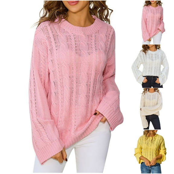 Fashion Shirts Tops for Womens Plus Size Casual Round Neck Knitted Sweater Long Sleeved Top
