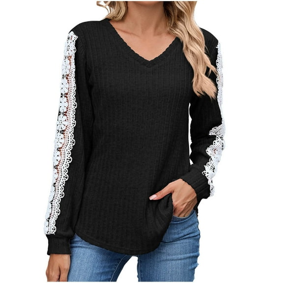 Fashion Shirts Tops for Womens Plus Size Casual Solid Color V-neck Loose Long Sleeve Lace Contrast T-shirt Top