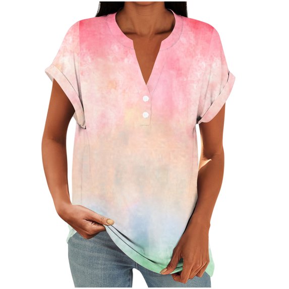 Fashion Shirts for Womens Summer Plus Size Casual Printed V-Neck Loose Short Sleeve Raglan Sleeve Button Top