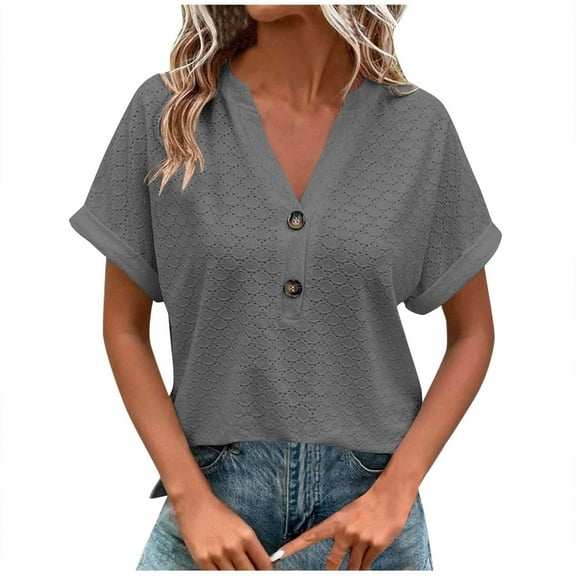 Fashion Shirts for Womens Summer Plus Size Casual Solid Color Button V-neck T-shirt Short Sleeved V-neck Top/shirt