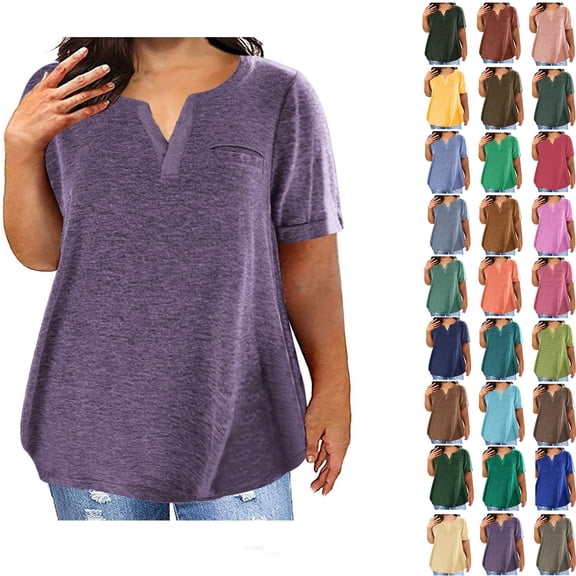 Fashion Shirts for Womens Summer Plus Size Sexy V-Neck Blouse Lace Casual Solid Color Loose Short Sleeve Blouse