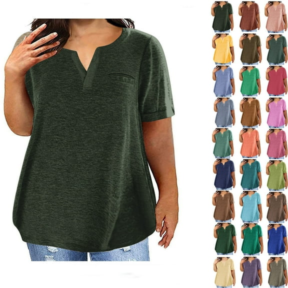 Fashion Shirts for Womens Summer Plus Size V-Neck Blouse Lace Solid Color Casual Loose Short Sleeve Blouse