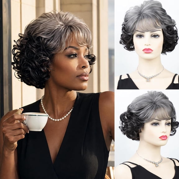 Fashion Short Curly Grey to Black Bob Wig for Black Women