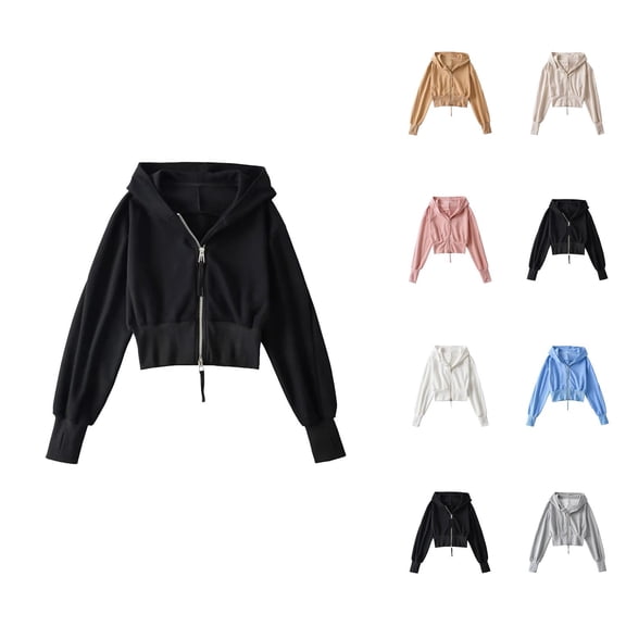 Fashion Short Hoodie for Women Solid Color Loose Long Sleeve Hooded Sweatshirt Casual High-Waisted Double Zipper Hoodie