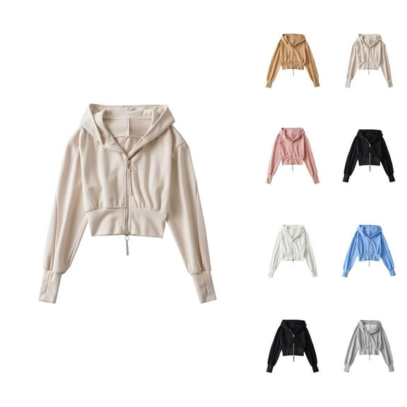 Fashion Short Hoodie for Women Solid Color Loose Long Sleeve Hooded Sweatshirt Casual High-Waisted Double Zipper Hoodie