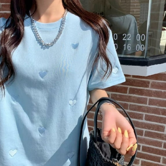 Fashion Short Sleeves Heart Round Neck Loose Korean Top Crew Neck Embroidered T-shirt Love Embroidered T-shirt Loose Embroidered T-shirt BLUE M