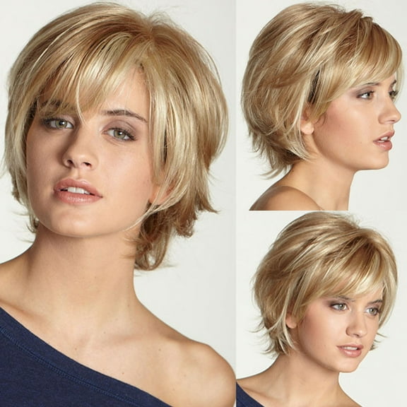 Fashion Short Straight Hair Light Blonde Layered Wavy Full Synthetic Wig for Women - European Style with Blonde Highlights