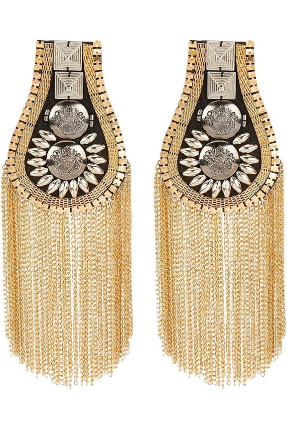 Fashion Shoulder Epaulet Tassel Iron Shoulder Badge Detachable Tassel Chain Metal Epaulettes Beads Punk Fringe Epault for Jackets Gunmetal & Golden