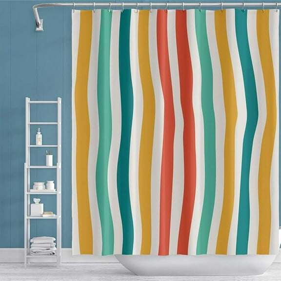 Fashion Shower Curtain Pastel Striped Green Yellow Orange White Colorful Bathroom Curtain Machine Washable Bathroom Curtain Set With Hooks Waterproof Polyester 60"W x 72"L (Pack of 1)