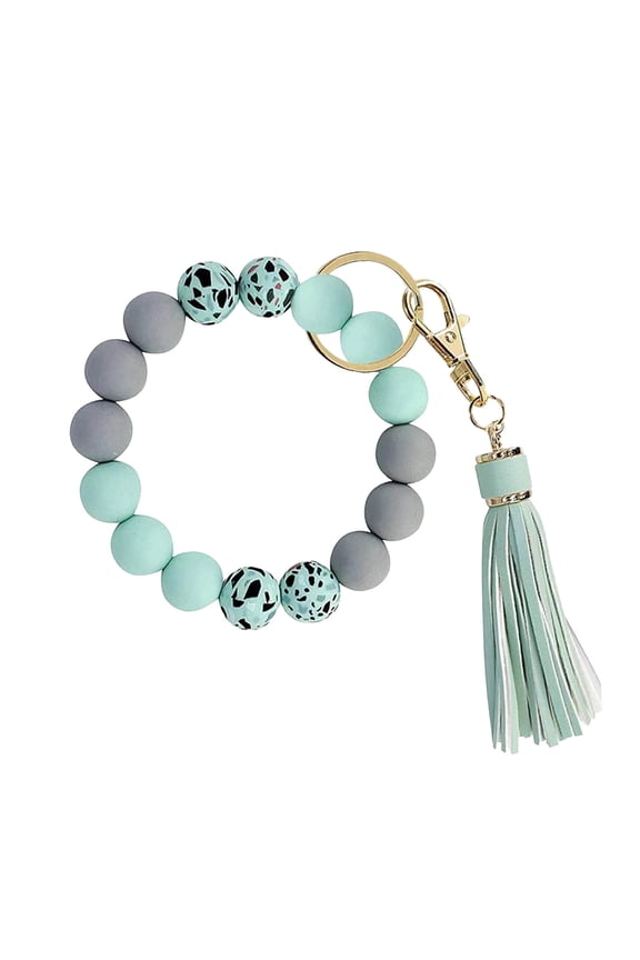 Fashion Silicone Bead Keychain Bracelet Wristlet With Decorative Leather Tassel Key Ring Bangle For Women And Girls