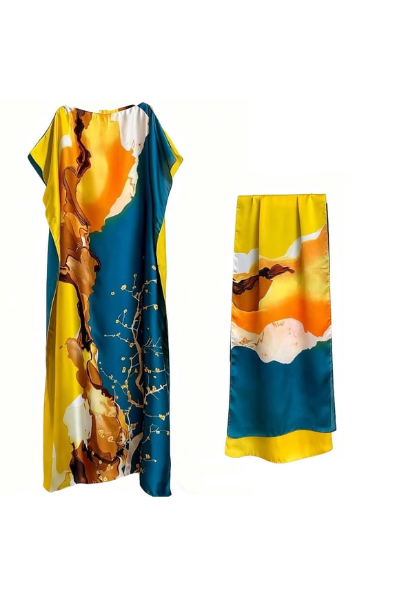 Fashion Silk Caftan Floral Printed Robe Pullover Shawl Dress Long Wrap Silk Scarf Headband Ladies Seaside Beach Sunscreen Satin Silk Scarf