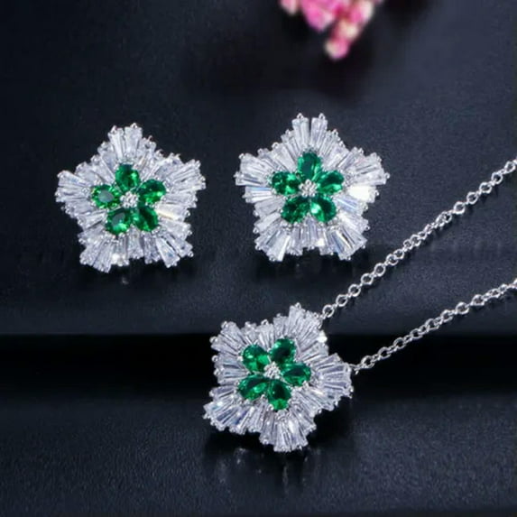 Fashion Silver Plated Blue Cubic Zirconia CZ Flower Pendant Necklace Earring Set