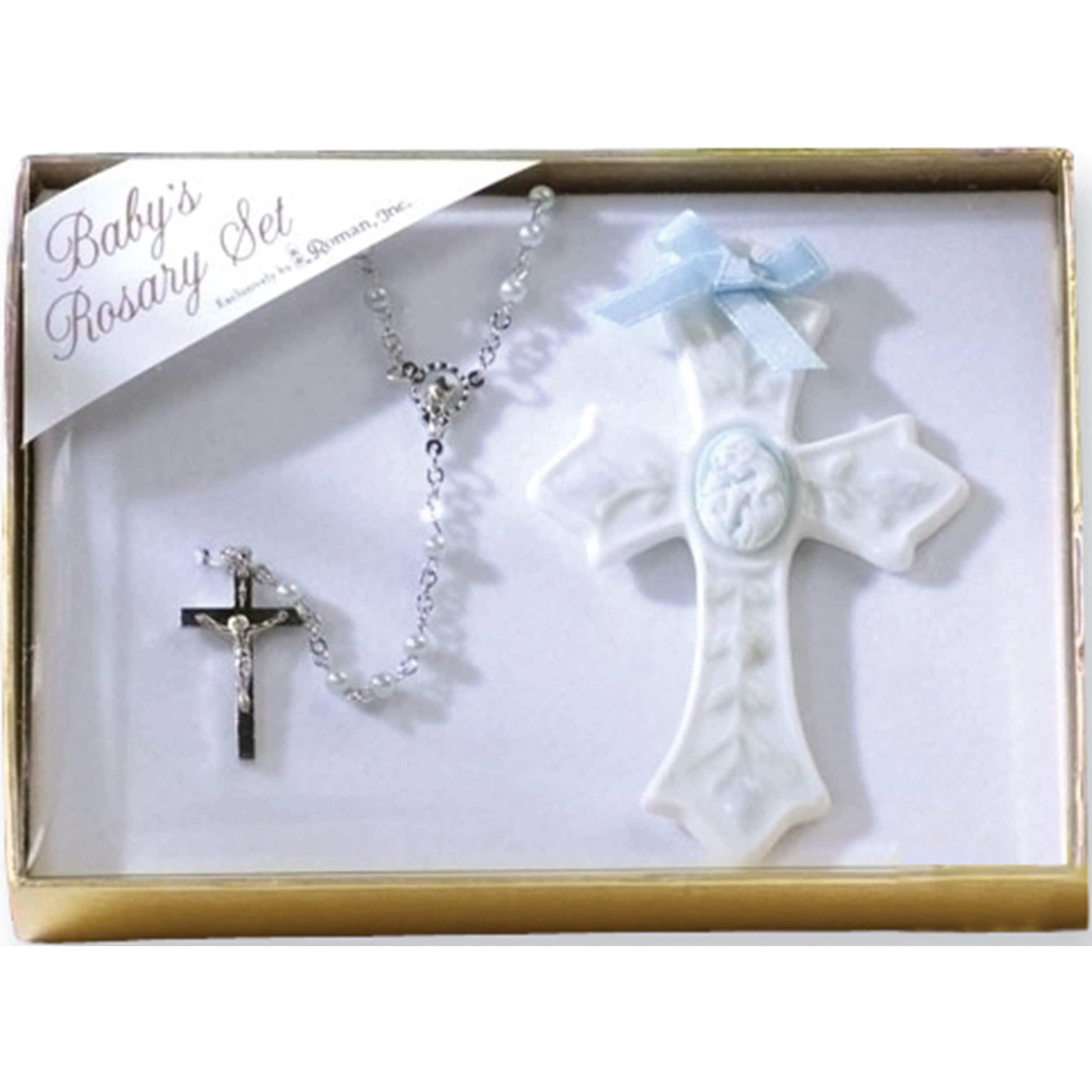 Fashion Silver-Plated First Rosary And Porcelain 4In Cross Two Piece Set (4 X 6) Made In Taiwan gl5447