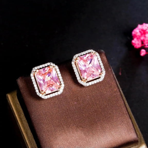 Fashion Silver Plated Quality Pink Cubic Zirconia CZ Square Cut Stud Earrings ideal for Women[c327]