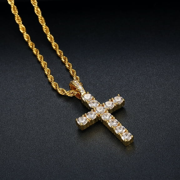 Fashion Simple Bling Cross Jewelry Iced Out Cubic Zirconia Diamond 14K Yellow Gold Cross Pendant Necklace For Men Women