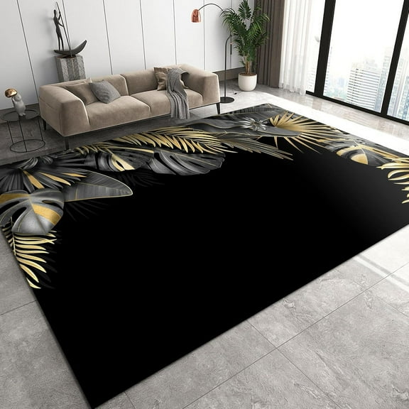 Fashion Simple Light Area Rug, Black Gold Tropical Leaves Indoor Non-Slip Rugs, Machine Washable Breathable Durable Carpet For Front Entrance Floor Decor 5x6ft