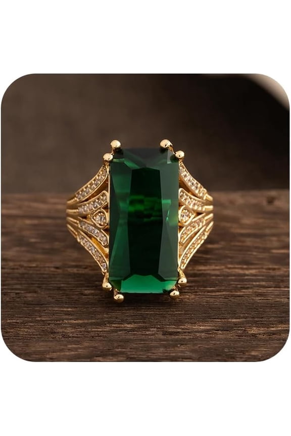 Fashion Simulated Emerald  Solitaire Statement Cocktail Open Ring for Women 14K Gold Plated Wedding Promise Green Gem Cubic Zirconia Anniversary Eternity Art Deco Large Band Adjustable