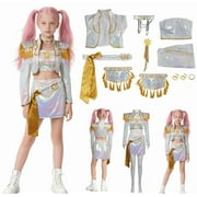 YKARITIANNA Fashion Singer Rumi Suit Merch Kids Idol Outfits Set - Tube Top, Skirts, Jackets, Chest Chains, Neck Accessories, Shoulder Patches, Waist Belts, Headpieces, and Earrings - White,150