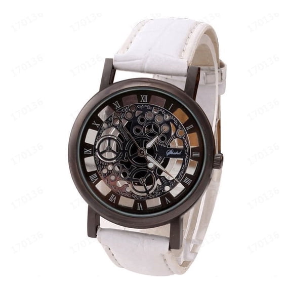 Fashion Skeleton Dial Quartz Watch - Stylish Roman Numeral Analog Wristwatch with Leather, Unisex Casual Dress Watch for Men & Women,H