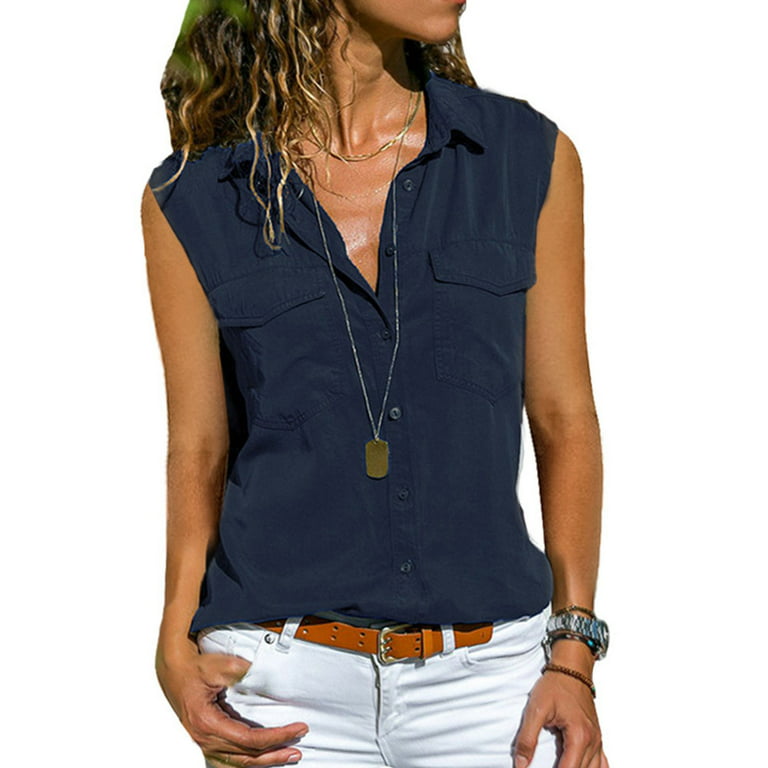 Fashion Sleeveless Buttons Collar T-Shirt Essentials Women's Sleeveless  Woven Blouse Solid Color V Neck Polyester Tank Top XL Navy Blue