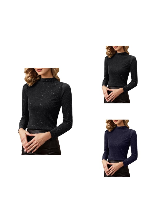 Fashion Slim Fit Mesh Double Layered Sheer Turtleneck Top - Long Sleeve Mockneck Party Blouse for Women S-XXL