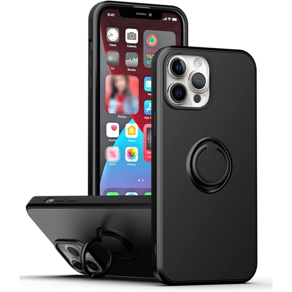 Fashion Slim Soft TPU Phone Case with Finger Ring Holder for iPhone 14 13 12 11 8 7 SE X XS XR Plus Pro Max Mini Back Cover. Comfortable Edge Reinforcement Shockproof Bumper(Black,14)