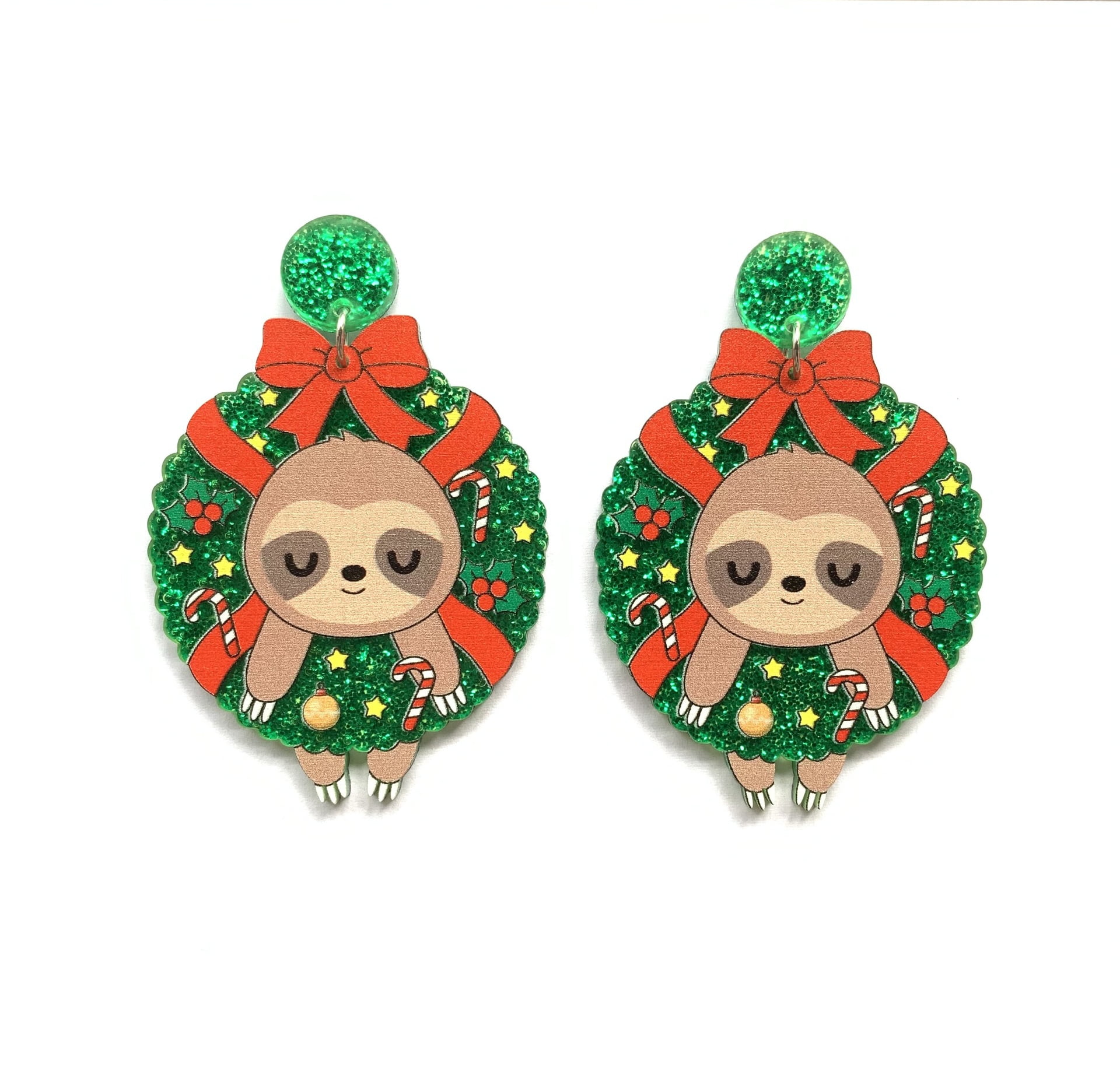 Fashion Sloth Christmas Wreath Drop Dangle Earrings Acrylic Animal