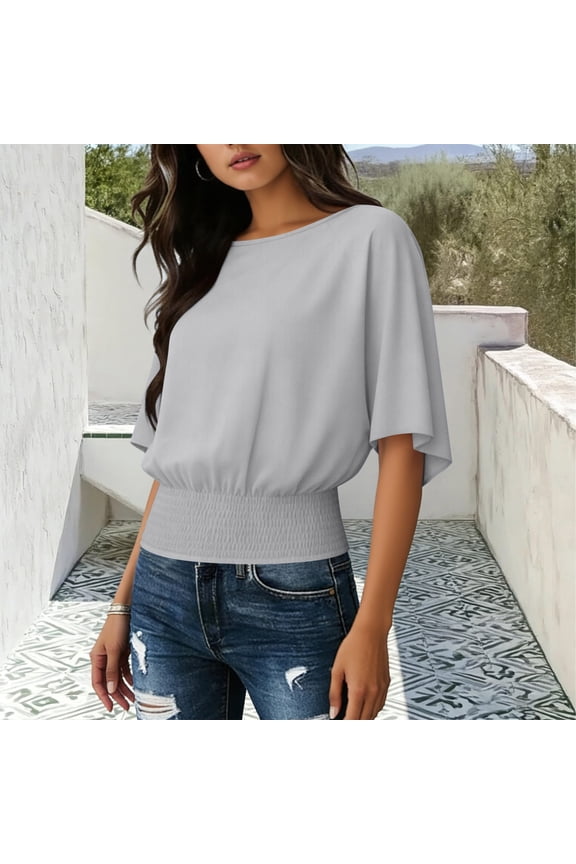Fashion Smocked Waist Blouse for Women Boat Neck Batwing Short Sleeve Pleated Tunic Top Stretchy Hem Casual Loose Fit Elegant Summer Party Shirt