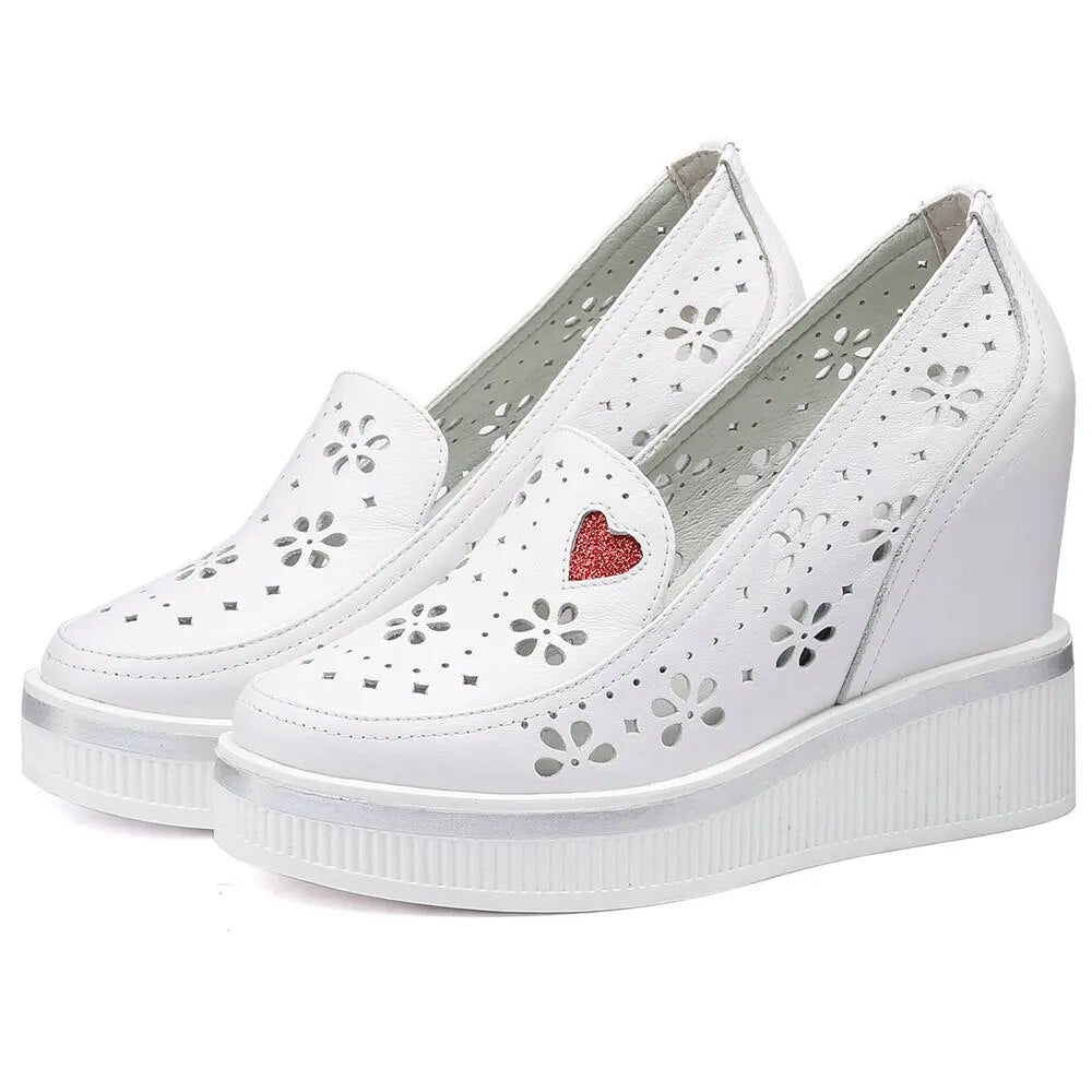 Fashion Sneakers Women Hollow Genuine Leather Wedges High Heel Ankle