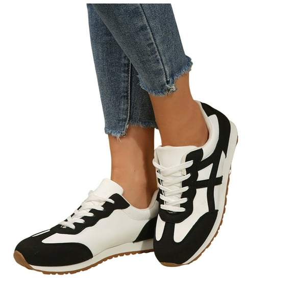 Fashion Sneakers for Women Color Block Casual Running Shoes Lace up Nonslip Workout Athletic Walking Tennis Shoes Black Size 7