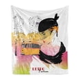 thumbnail image 1 of Fashion Soft Flannel Fleece Blanket, Lady with Vintage Hat Posing in Front of Tramway Sketch Retro Romantic Art, Cozy Plush for Indoor and Outdoor Use, 50" x 60", Orange Black Pink, by Ambesonne, 1 of 5