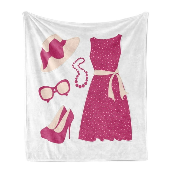 Fashion Soft Flannel Fleece Blanket, Pastel Colored Dress Hat with a Ribbon High Heels and Necklace Woman Clothing, Cozy Plush for Indoor and Outdoor Use, 60" x 80", Pale Peach Pink, by Ambesonne