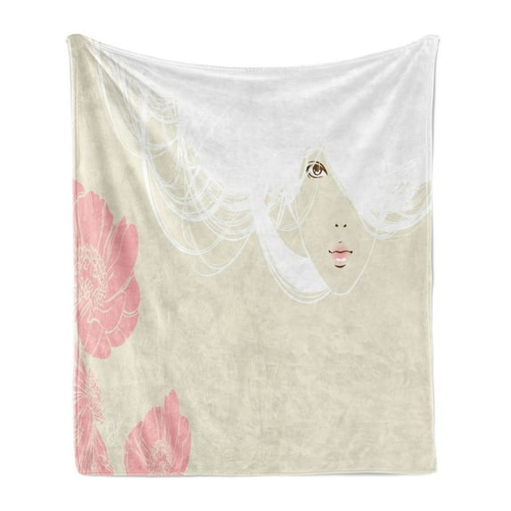 Fashion Soft Flannel Fleece Blanket, Pastel Colored Portrait of a Woman Soft Digital Flowers Bridal Theme Romantic Image, Cozy Plush for Indoor and Outdoor Use, 70" x 90", Beige Pink, by Ambesonne