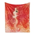 thumbnail image 1 of Fashion Soft Flannel Fleece Blanket, Woman Face with Floral Ornamentals in Hair Glamour Watercolor Modern Artwork, Cozy Plush for Indoor and Outdoor Use, 60" x 80", Orange Cream Red, by Ambesonne, 1 of 5