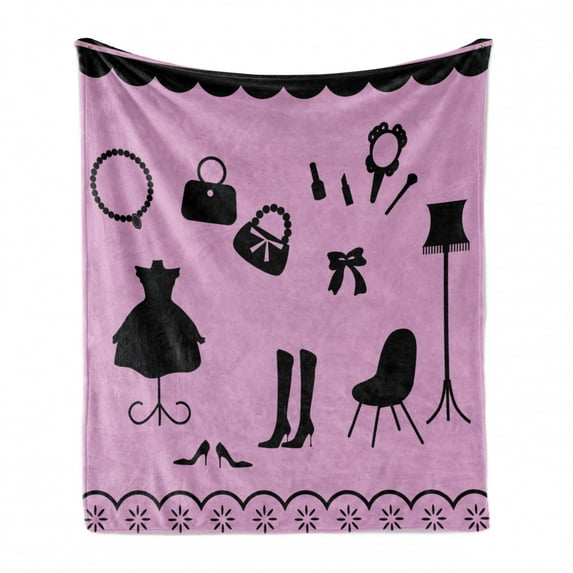 Fashion Soft Flannel Fleece Blanket, Women Boutique Shop Elements Purse High Heels Necklace Dress and Nail Polish, Cozy Plush for Indoor and Outdoor Use, 50" x 70", Black and Lilac, by Ambesonne