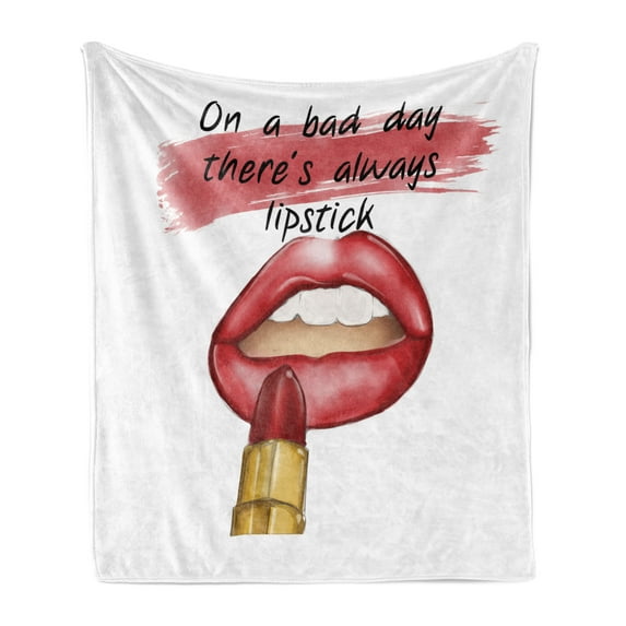 Fashion Soft Flannel Fleece Throw Blanket, Bad Day Make up Words Sensual Beauty Charm Theme Inspirational Art Print, Cozy Plush for Indoor and Outdoor Use, 50" x 60", White and Coral, by Ambesonne