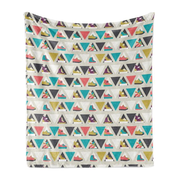 Fashion Soft Flannel Fleece Throw Blanket, Cartoonish Style Various Models of Sports Shoes with Triangles, Cozy Plush for Indoor and Outdoor Use, 70" x 90", Multicolor, by Ambesonne