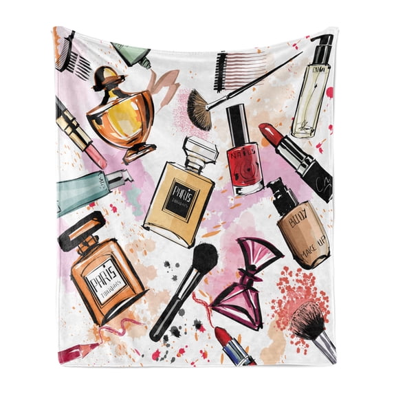 Fashion Soft Flannel Fleece Throw Blanket, Cosmetic and Makeup Theme Pattern Perfume Lipstick Nail Polish Brush Modern, Cozy Plush for Indoor and Outdoor Use, 60" x 80", Multicolor, by Ambesonne