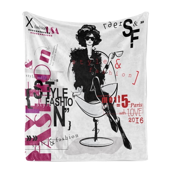 Fashion Soft Flannel Fleece Throw Blanket, Illustration of a Lady Silhouette Fashionista Sunglasses Illustration, Cozy Plush for Indoor and Outdoor Use, 60" x 80", Grey and Dark Magenta, by Ambesonne