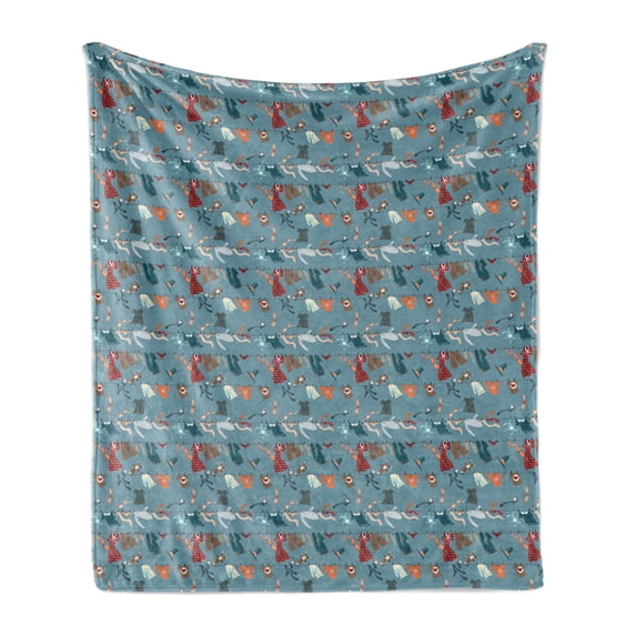 Fashion Soft Flannel Fleece Throw Blanket, Illustration of Various Men and Women Clothes Drying After a Wash, Cozy Plush for Indoor and Outdoor Use, 50" x 70", Blue Grey and Multicolor, by Ambesonne