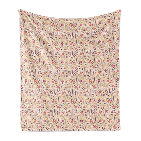 Fashion Soft Flannel Fleece Throw Blanket, Make Up Lipstick Rouge Mascara Nail Polish Print Woman Elements, Cozy Plush for Indoor and Outdoor Use, 70" x 90", Pale Peach and Multicolor, by Ambesonne