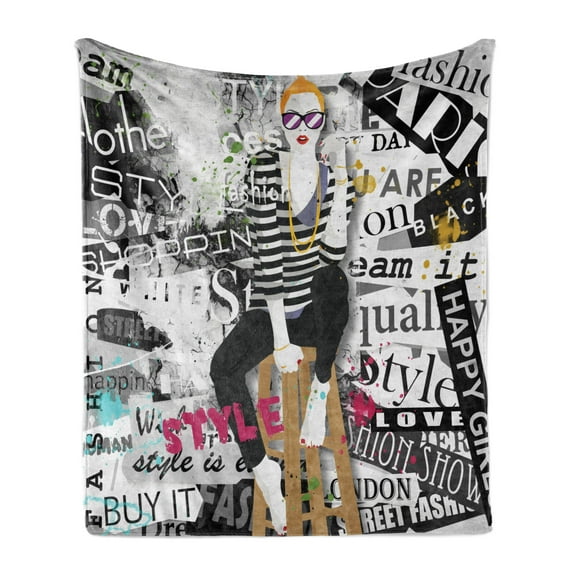 Fashion Soft Flannel Fleece Throw Blanket, Model Posing and Sitting on Tabouret with Clothes Grunge Street Style Print, Cozy Plush for Indoor and Outdoor Use, 60" x 80", White and Black, by Ambesonne