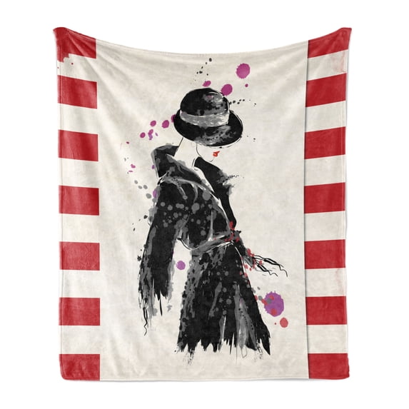 Fashion Soft Flannel Fleece Throw Blanket, Modern Woman in a Cool Coat with Watercolor Paintbrush Style Casual Urban Design, Cozy Plush for Indoor and Outdoor Use, 60" x 80", Black Red, by Ambesonne